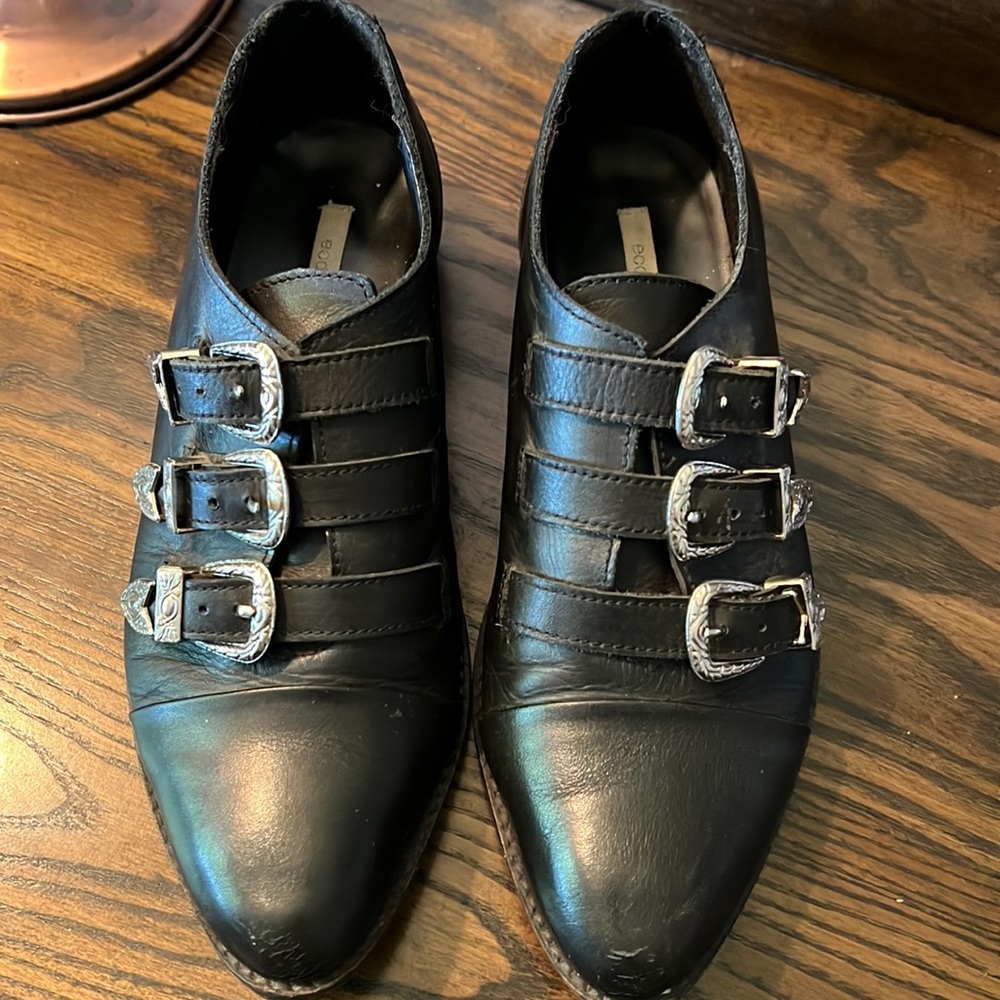 Ecote black leather 3 silver western buckle monk strap shoes.